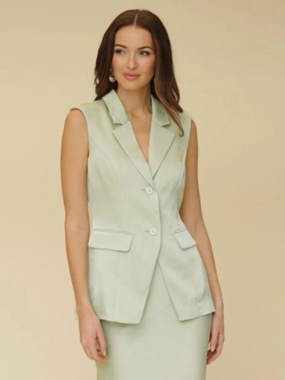 New Avec Les Filles Satin Cutaway Vest Sage Green XS $129